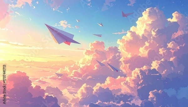 Fototapeta A whimsical, pastel-hued sky filled with paper airplanes soaring among soft, fluffy clouds, evokes a sense of freedom and imagination.