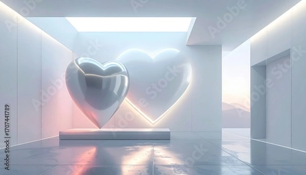 Fototapeta A spacious, minimalist interior showcases two large, reflective heart shapes, bathed in soft, pastel lighting.
