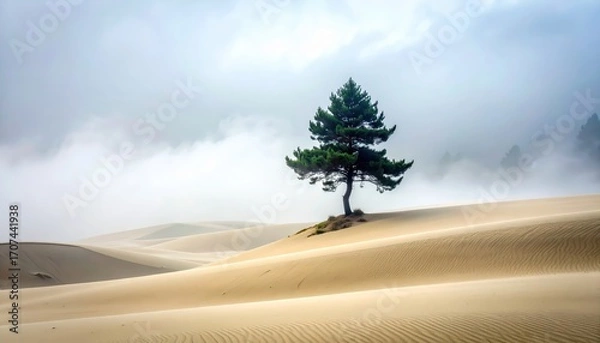 Fototapeta A solitary pine tree stands strong amidst a vast, sandy landscape shrouded in a misty atmosphere.