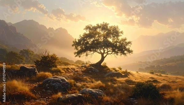 Fototapeta A solitary tree stands sentinel against a backdrop of golden mountains at sunrise, bathed in warm, tranquil light.