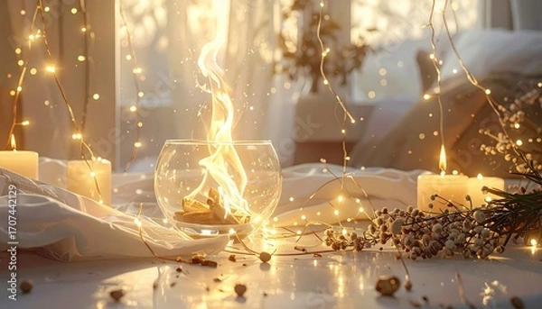 Fototapeta A warm and inviting indoor scene featuring flickering flames in a glass bowl, surrounded by soft lighting, candles, and decorative elements.