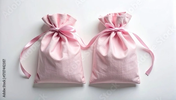 Fototapeta Two pale pink fabric gift bags, tied with delicate ribbons, sit on a white background, creating a simple and elegant presentation.