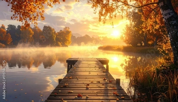 Fototapeta A serene autumn sunrise paints a tranquil lake, with a wooden dock extending into the morning mist, highlighting the beauty of nature's quiet beauty.