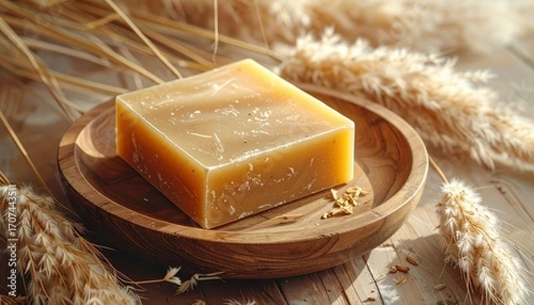Fototapeta A square bar of natural soap, warm honey-beige in color, sits on a wooden dish, surrounded by dried wheat stalks, bathed in soft, natural light.