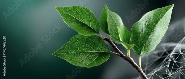 Obraz Vibrant green leaves on a brown stem against a blurred, dark background