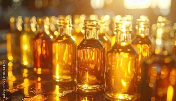 Fototapeta Golden liquid fills many small glass bottles, gleaming under warm light.