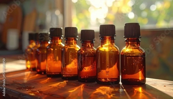Fototapeta Amber glass bottles of essential oils line a wooden surface, bathed in natural light.