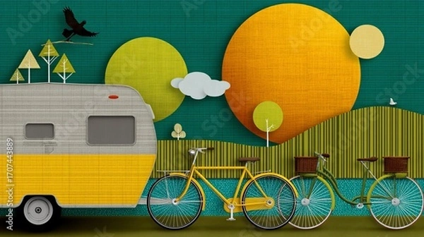 Obraz Vibrant camping scene with bikes, trailer, trees, suns, and bird