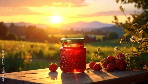 Fototapeta A jar of vibrant strawberry preserves sits on a rustic wooden surface, bathed in the warm glow of a sunset over a rural landscape.