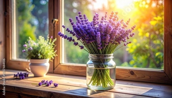 Fototapeta A bouquet of vibrant purple lavender blooms in a glass jar sits on a wooden windowsill, bathed in warm sunlight streaming through the window.