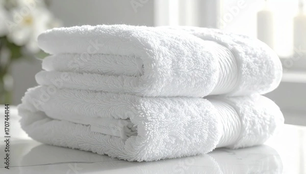Fototapeta A stack of pristine white towels sits neatly on a smooth, light surface, highlighting the soft texture and clean aesthetic.