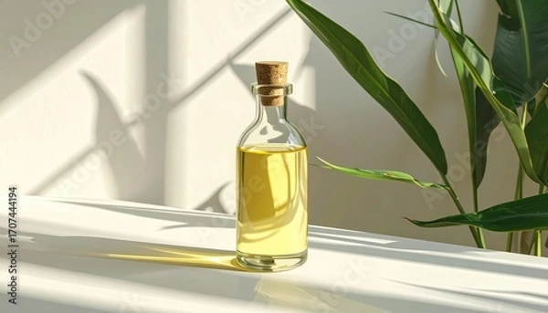 Fototapeta A clear glass bottle with a light golden liquid rests on a white surface, surrounded by lush green foliage, bathed in soft sunlight.