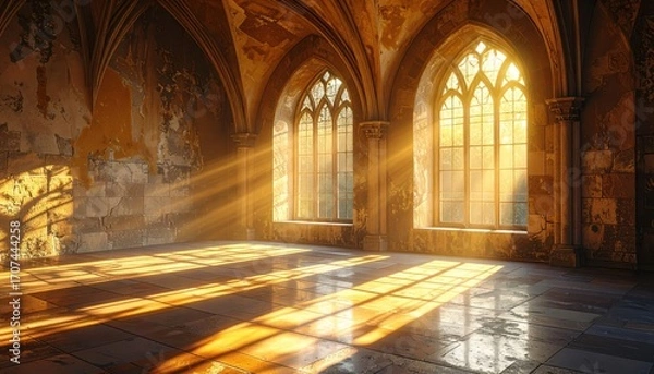Fototapeta Sunlight streams through ornately designed gothic windows, illuminating a historic stone hall.