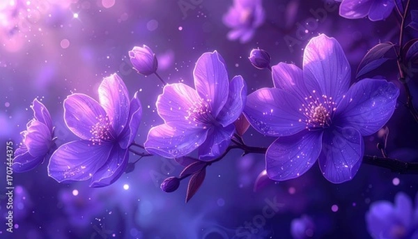 Fototapeta Delicate, purple blossoms bloom in a mystical twilight setting, highlighted by ethereal light and glistening details.