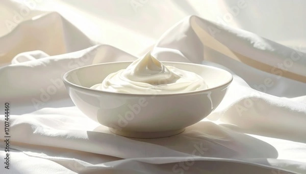 Fototapeta A bowl of creamy yogurt, beautifully presented on a sheer white cloth, bathed in soft sunlight.