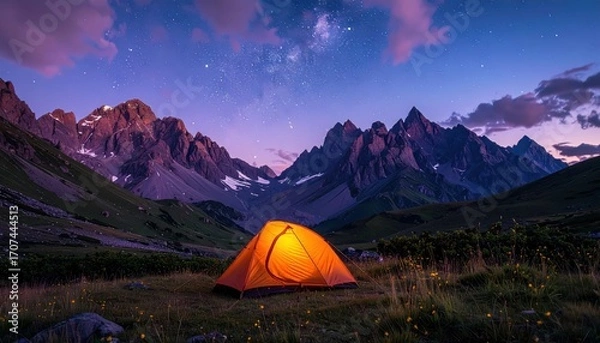 Fototapeta An orange tent glows warmly against a backdrop of majestic mountains under a starry night sky.