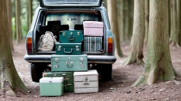 Obraz Vintage car trunk loaded with stacked travel suitcases, forest backdrop