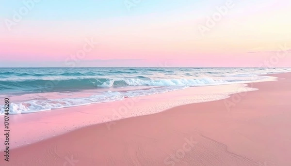 Fototapeta Pastel pink beach scene at sunset, featuring gentle waves lapping at the shore.