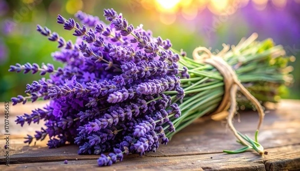 Fototapeta A close-up view of a vibrant bouquet of lavender blossoms, resting gently on a rustic wooden surface, bathed in warm sunlight.