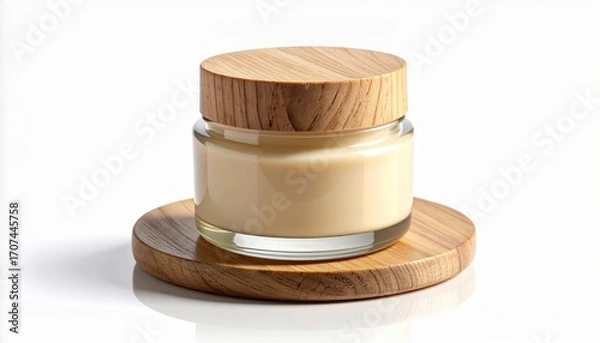Fototapeta A glass jar of light beige cream sits atop a round wooden coaster, highlighting natural textures and simple elegance.