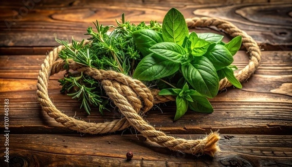 Fototapeta Fresh herbs tied with rustic rope on a dark wooden surface.