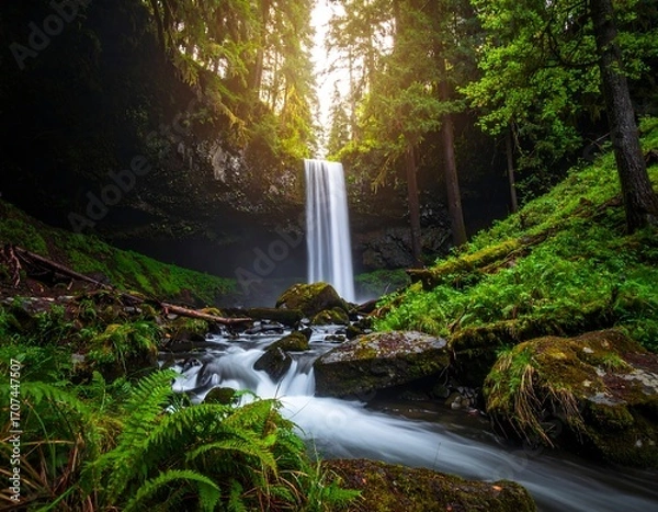 Fototapeta Waterfall cascading down mossy rocks in a lush forest