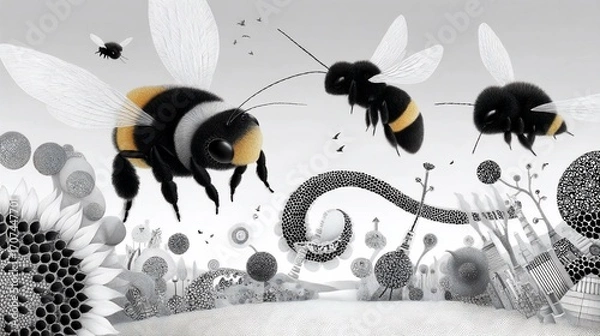 Obraz Whimsical black and white illustration of bees flying over abstract garden