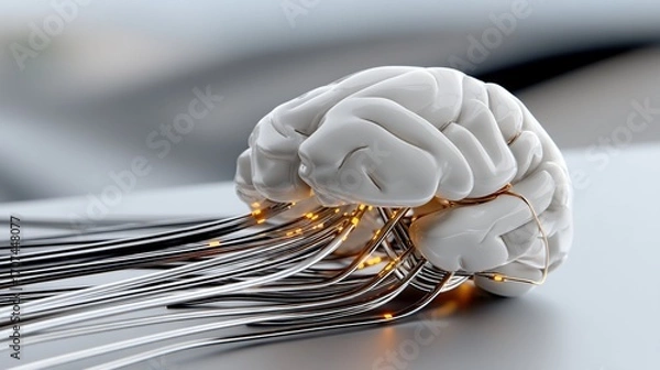 Obraz White brain with wires. Neural connections. Artificial intelligence concept