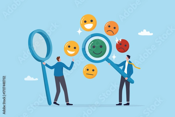 Fototapeta Sentiment analysis, user review, emotion feedback or employee survey result, feeling or impression on product and service, rating or perception concept, businessman analyze user feedback emotion.