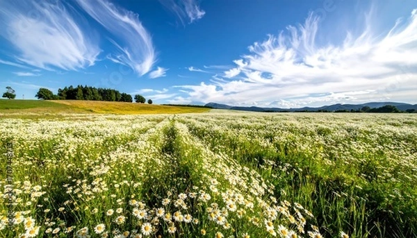 Fototapeta Wide shot of a field of daisies under a vibrant sky