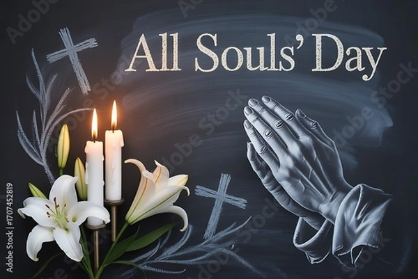 Obraz Remembering loved ones with solemn prayer, burning candles, and white lilies on All Souls' Day