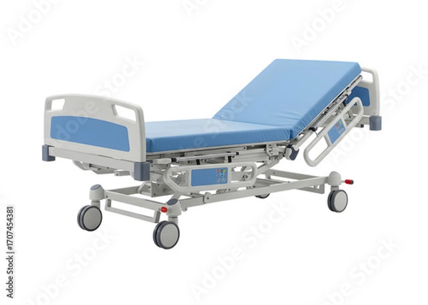 Fototapeta Adjustable hospital bed with blue mattress isolated on transparent background