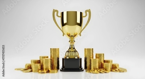 Fototapeta Investment Trophy Achievement (Realistic photo of a golden trophy surrounded by coins.)