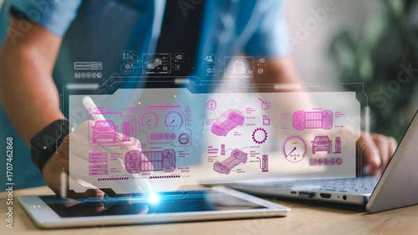 Fototapeta Businessman using futuristic digital interface with electric vehicle technology. Concept of EV innovation, battery system, charging station, clean energy, and smart mobility.