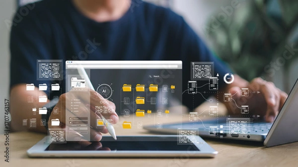 Fototapeta Document Management System DMS. Enterprise resource planning ERP. Document workflow sharing .Digital asset content management. Backup online document files.
