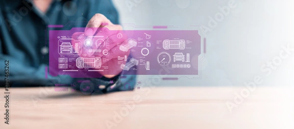 Fototapeta Businessman using futuristic digital interface with electric vehicle technology. Concept of EV innovation, battery system, charging station, clean energy, and smart mobility.