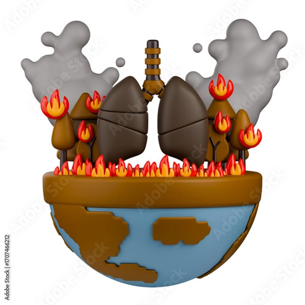 Fototapeta 3D illustration of unhealthy human lungs on a globe with a burning forest and heavy smoke, represents the devastating impact of environmental pollution and wildfires on human health.