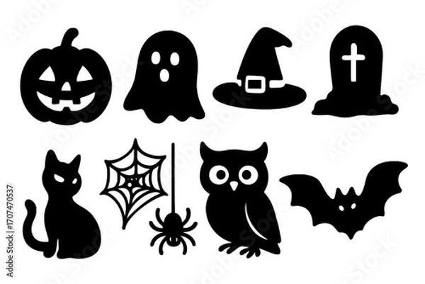 Fototapeta Halloween icon set in silhouette style. Spooky vector graphic collection with black cat, pumpkin, ghost, witch hat, bat, owl, spider, and tombstone for autumn holiday design.