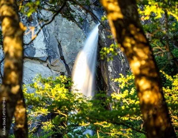 Fototapeta Waterfall cascading down a rock face, framed by trees