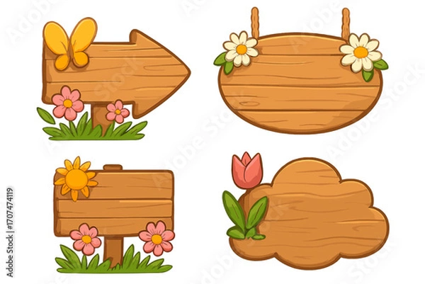 Fototapeta Set of cute cartoon wooden signs. Blank spring and summer vector collection of empty wood signboards, banners, and pointers with flowers, butterfly, tulip for game UI.