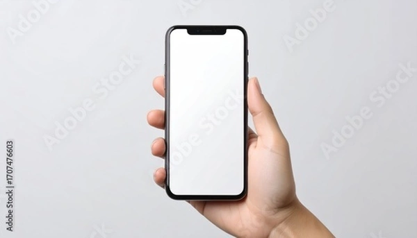 Fototapeta Hand holding a modern smartphone with a blank white screen against a plain backdrop, showcasing device and user interaction concept