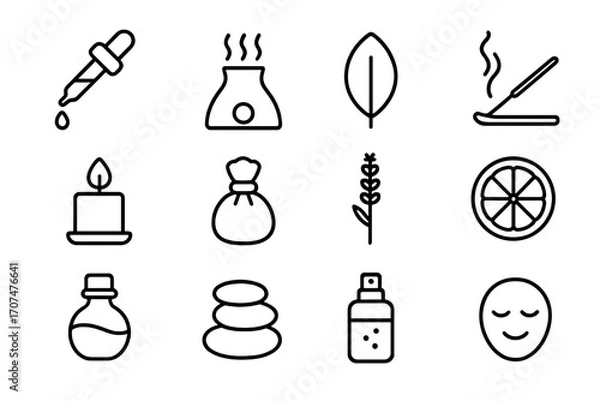 Fototapeta Aromatherapy Icon Set. Outline icon set of aromatherapy skincare: essential oil dropper, aroma diffuser,