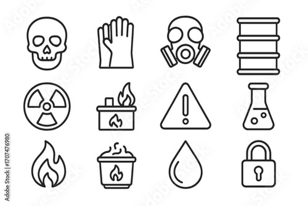 Fototapeta Hazardous Waste Icons. Outline icon set of hazardous waste treatment: skull symbol, protective gloves, gas