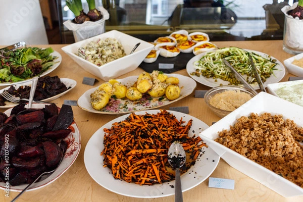 Fototapeta vegan catering banquet table with different food snacks and appetizers