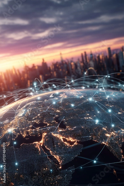 Fototapeta Global Network Connections over Earth. Digital connections and glowing city lights create a sense of worldwide communication and progress.