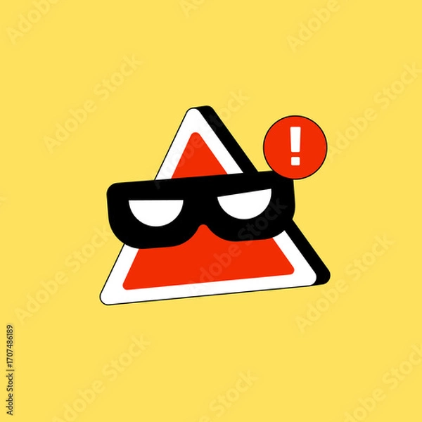 Obraz Vector illustration of a warning sign with a thief mask and exclamation mark — concept of cybercrime, online fraud, data theft, and security alert. Flat minimalistic design on yellow background.
