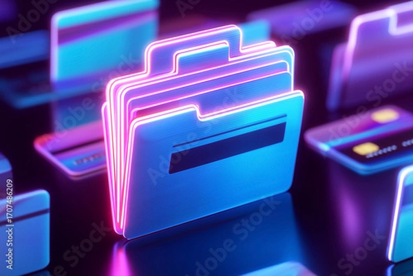Fototapeta A vibrant illustration showcasing digital folders & cards, illuminated with neon lights, on a reflective surface, evoking modern data security.