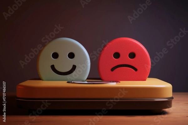 Fototapeta Balancing emotions: A visual representation of weighing happiness against sadness on a scale.  Positive and negative feelings coexist.