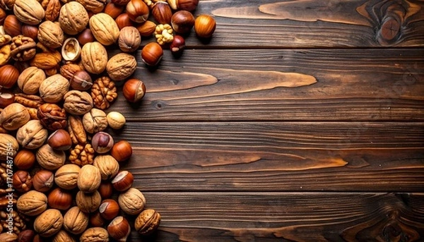 Fototapeta Assorted nuts on dark wooden background (1)