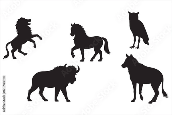 Fototapeta Collection of diverse wildlife silhouettes, featuring a majestic lion, graceful horse, wise owl, powerful bison, and striped zebra, ideal for design and educational projects